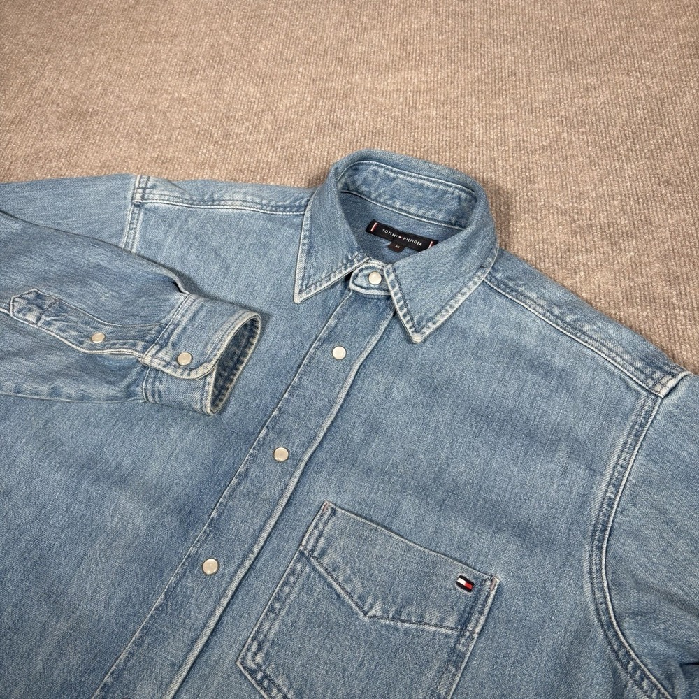 Tommy Hilfiger Shirt Mens XS Pearl Snap Blue Denim Heavyweight Logo Shacket Work